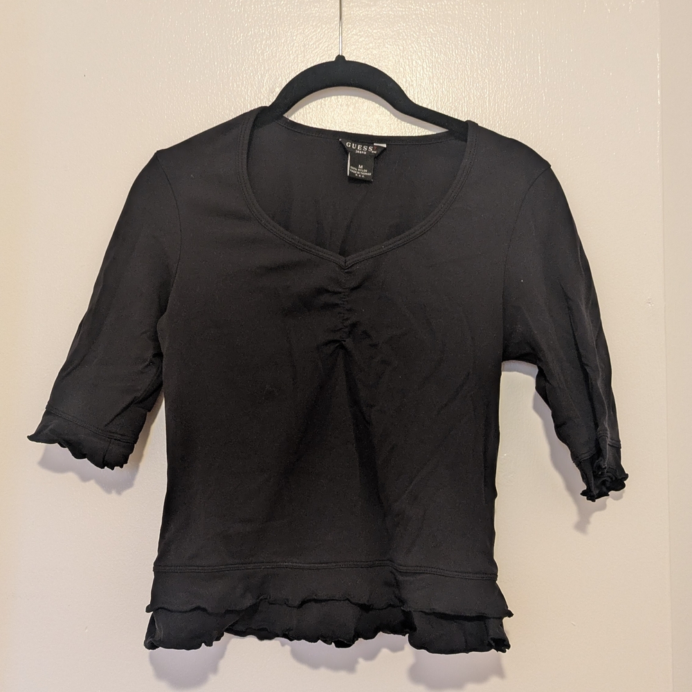 Vintage Y2K GUESS Black Short Sleeve Ruffle Lettuce Hem Rouched Detail Top